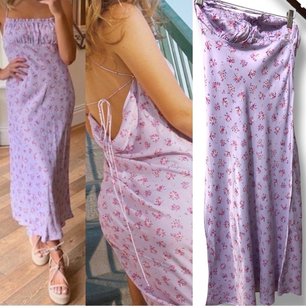 ZARA | EUC Lilac Floral Satin Slip with Pink Accents & Backless Tie (size XS)